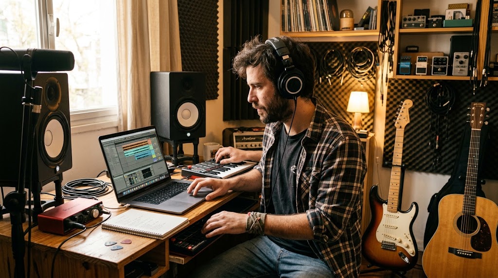 Artista independiente preparando un lanzamiento musical para Spotify.