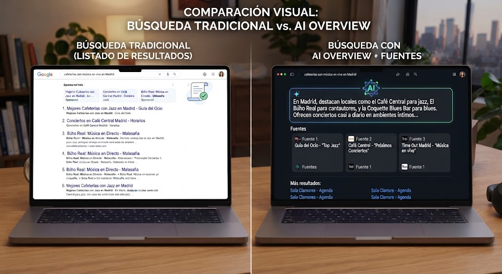Diferencia entre búsqueda tradicional y búsqueda con inteligencia artificial en Google