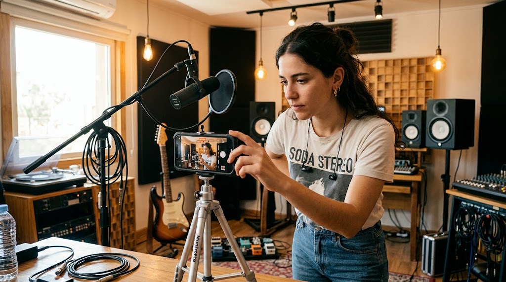 Cantante preparando una transmisión móvil de YouTube antes de salir en vivo.