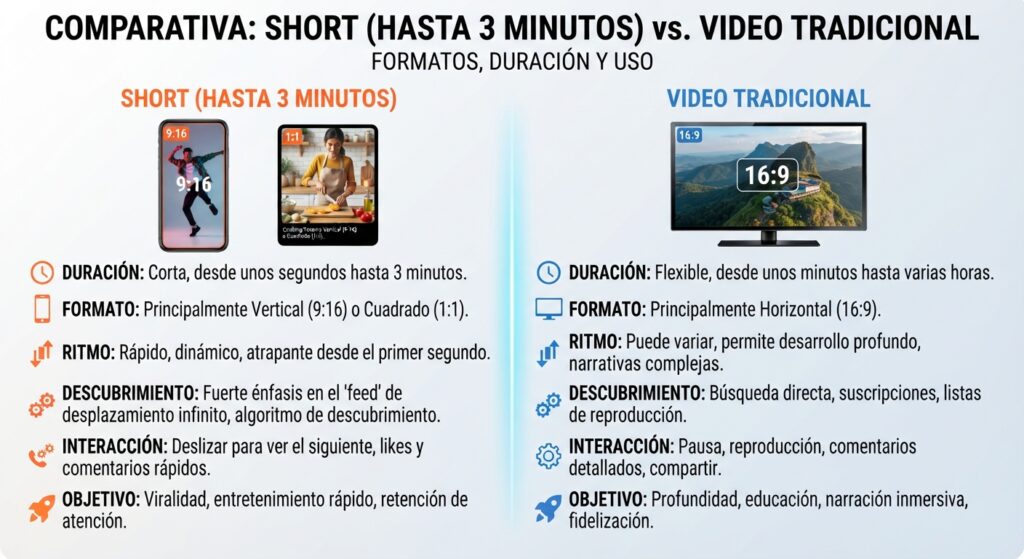 Diferencias entre YouTube Shorts de tres minutos y videos tradicionales