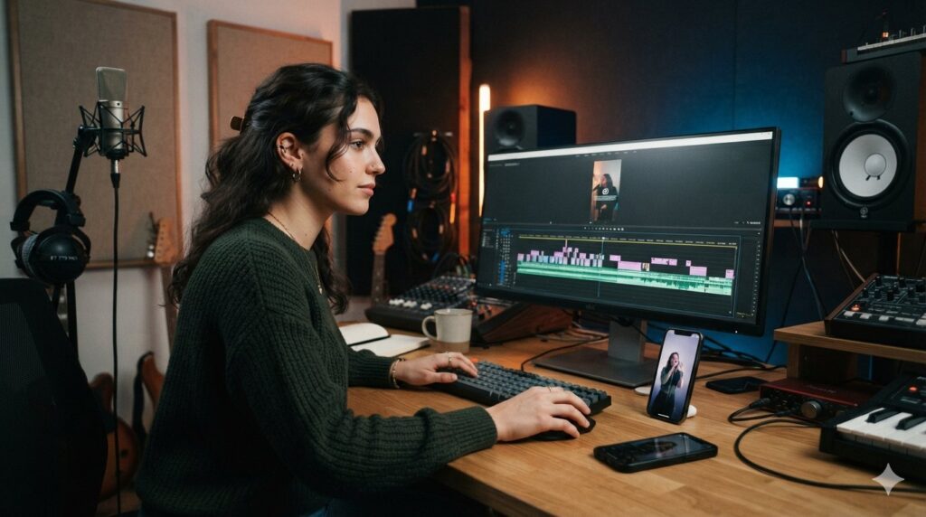 Artista editando un YouTube Short musical con gestión de Content ID